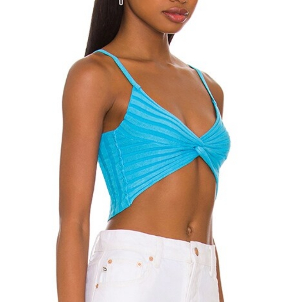 Superdown Carla Knot Knitted Spaghetti Strap Blue Crop Top
